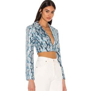 NBD WOMEN'S SIZE XS Hera Blue/Silver Cropped Metallic Animal Printed Blazer
